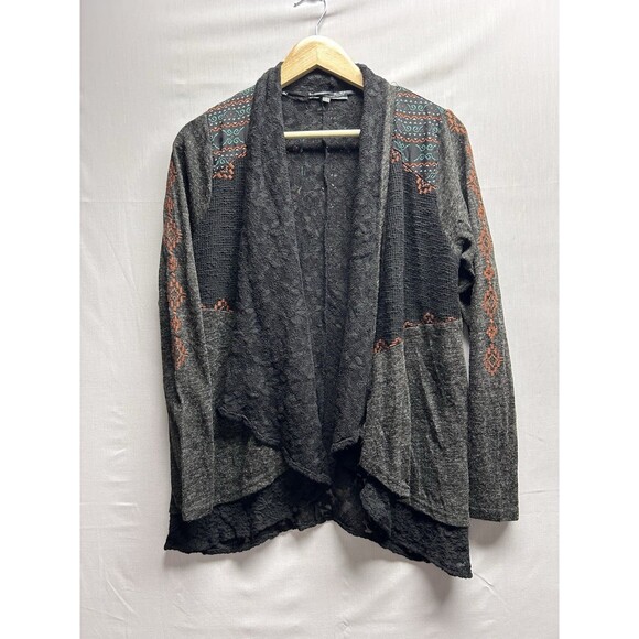 Miss Me Women’s Small Boho Aztec Lace Lined Wrap Cardigan Black Grey Orange - Picture 1 of 10